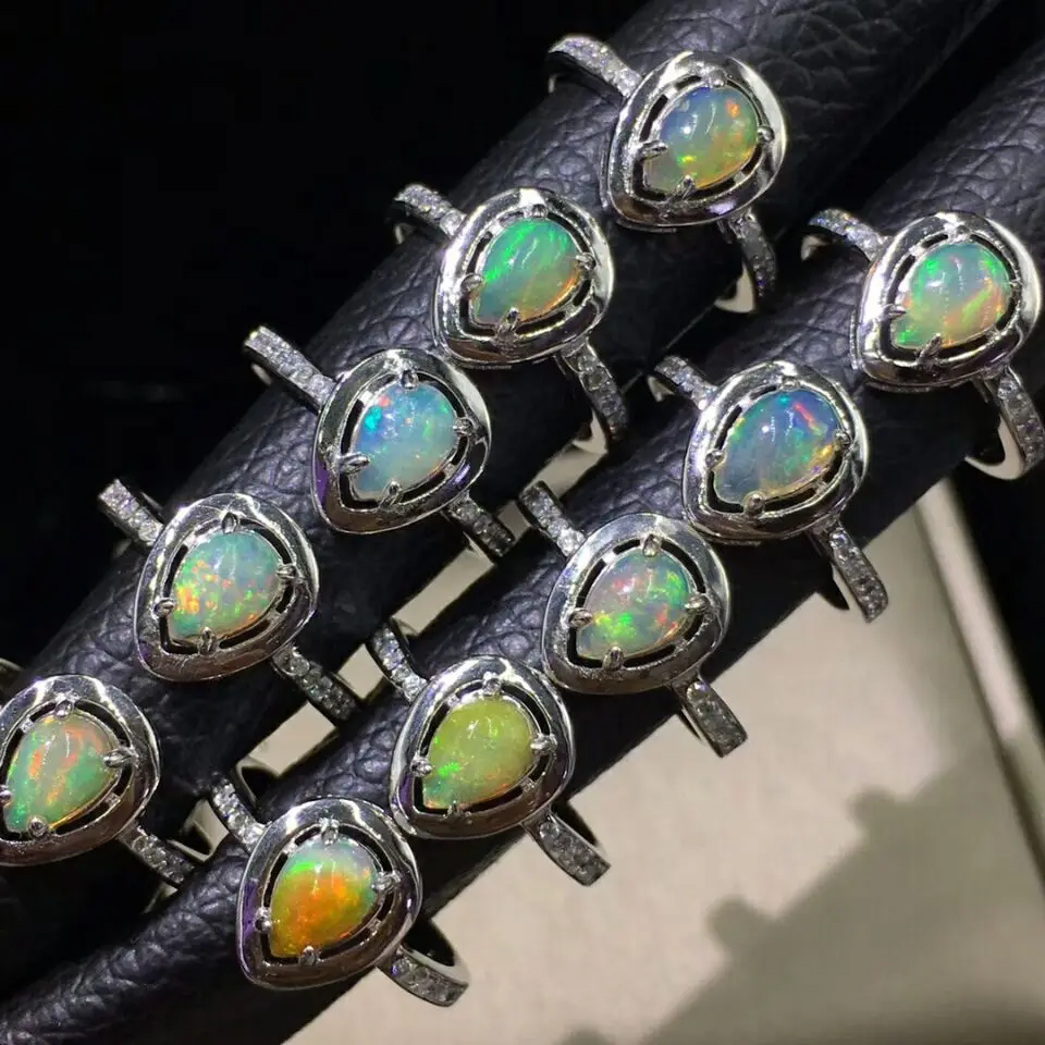 100% 925 Sterling Silver Real Natural Opal Rings Pear 5x7mm Opal