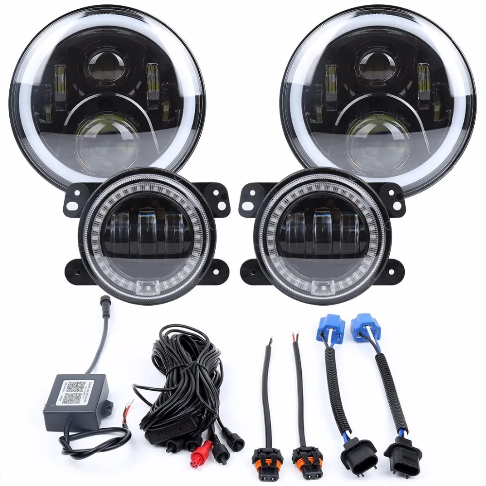 

7 inch RGB Headlights,7 inch LED Headlamp + 4 inch RGB Fog Lights Front Bumper Lights with RGB Halo Ring for Jeep Wrangler JK