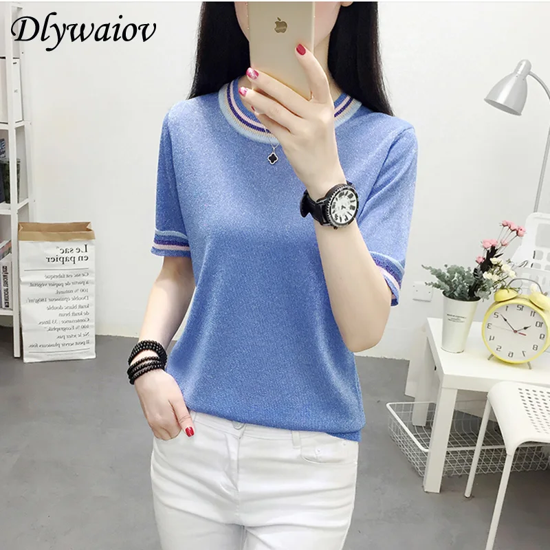 

Lurex Knitted Shirt women Top pullover Knit Stripe O-neck Casual Female Shirts 2019 Summer Fashion Short Sleeve Femme Chemise