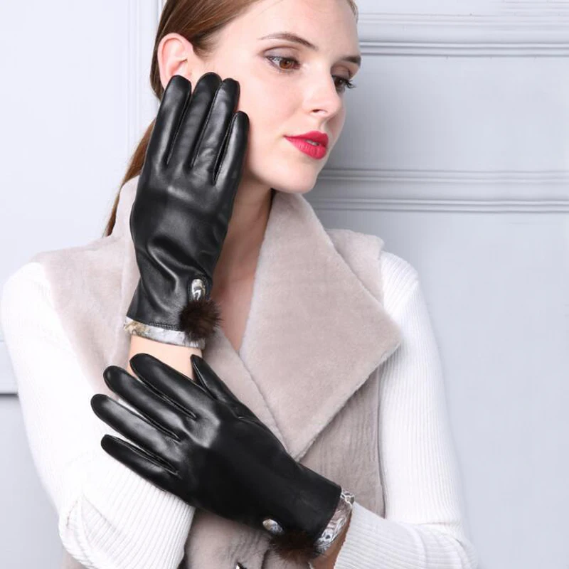 

Winter Women's Fashion Plus Thick Warm Mink Fur Ball Riding 100% Genuine Leather Gloves Female Outdoor Sheepskin Mittens DWA598