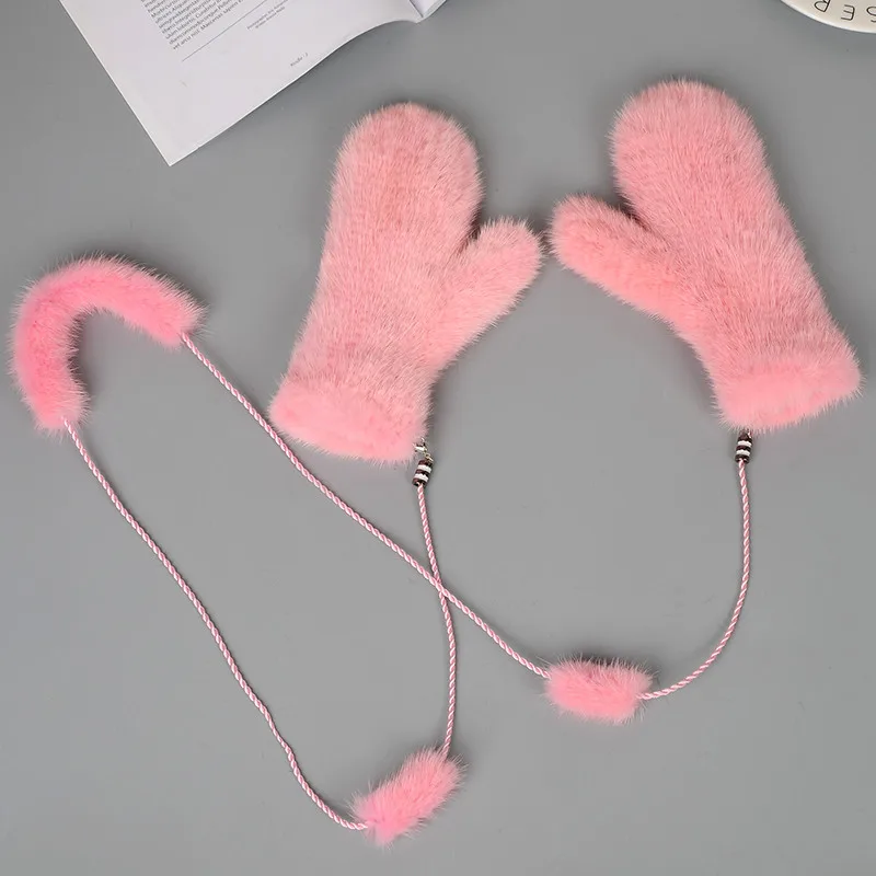 Зимние женские перчатки и варежки, Брендовые женские перчатки из натурального меха норки, модные милые варежки, толстые теплые меховые перчатки и варежки - Цвет: 04 pink