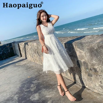 

Big Swing White Dress Women V-neck Empire Sleeveless Solid Women Dress with Tassel Summer Dress Plus Size Vestidos De Verano