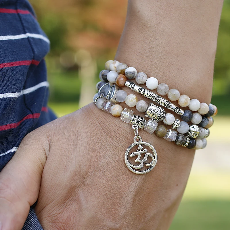 

Natural 6mm Bamboo leaves Onyx Bracelet 108 Prayer Beads Lotus om wrist Man 108 Mala Beads Bracelets Women Yoga Jewelry