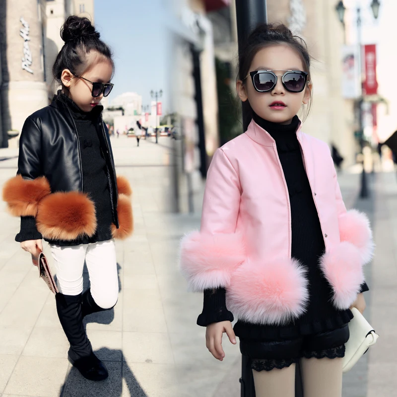 

Autumn Winter Girls Leather Jacket Black And Pink Color Children Outerwear Girls Jacket