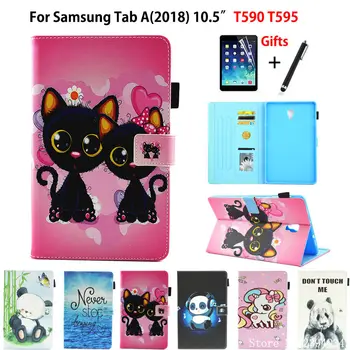 

Case For Samsung Galaxy Tab A A2 2018 10.5" T590 T595 T597 SM-T595 Cover Funda Cat Panda Pattern PU Leather Stand Shell+Film+Pen