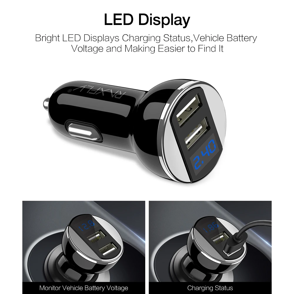 RAXFLY الرقمية المزدوج USB سيارة شاحن آيفون 7 6 Xiaomi الهاتف شاحن 5 V/2.4A سيارة شاحن يو اس بي ل SamsungS9 الذكية سيارة شحن