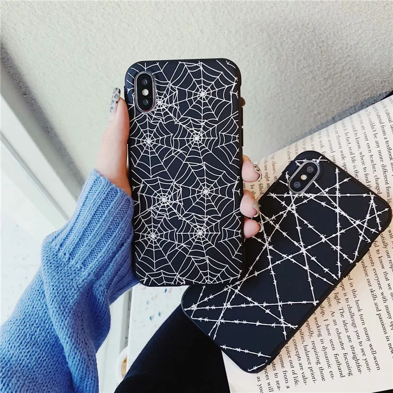 

Black Soft Silicone Case For iphone 6 6s 7 8 plus X Xs Max xr Case 3D Embossed Spider web Pattern Back Cover Matte Protect Coque