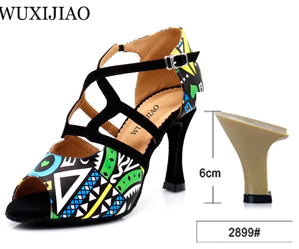 WUXIJIAO танцевальная обувь девушка латинские танцевальные туфли тренд Печать PU Сальса Танцевальная обувь HEEL5CM-10CM - Цвет: Blue heel 6cm
