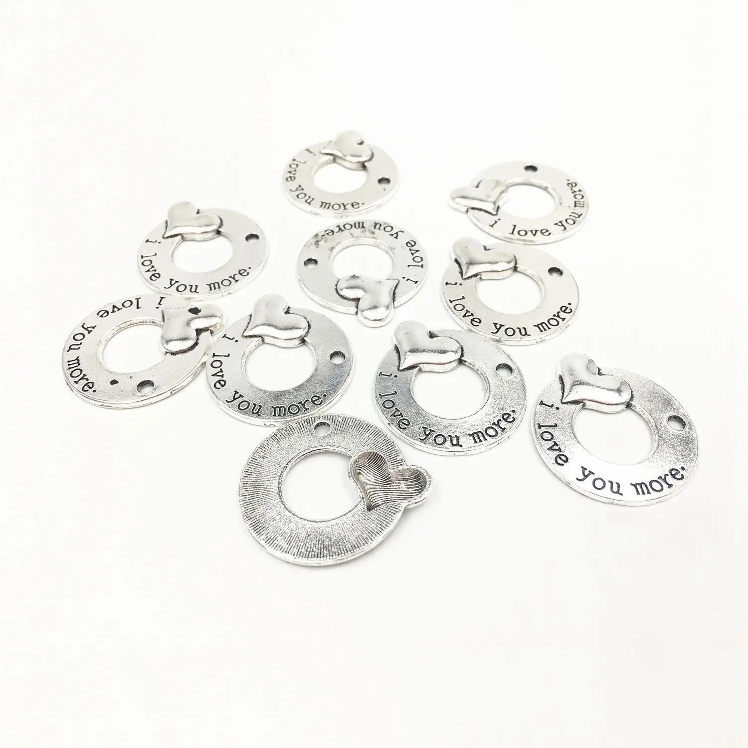 

Pack of 10 Alloy Ancient silver "I love you more" Round 30mm DIY Antique Message Charms Pendant for Making Bracelet and Neckla