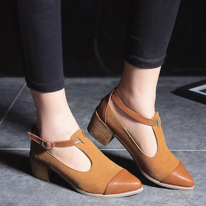 

EOEODOIT Patchwork Pointy Toe Suede Shoes Med Square Heel Leather Summer Autumn Pumps T Buckle Retro England Style Sandals Heels