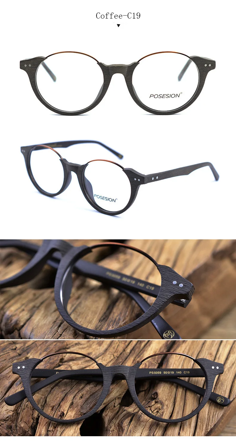 Винтажные мужские полуоправы, круглые металлические деревянные очки, оправа для оптических очков, прозрачные линзы, ретро оправы для очков для женщин