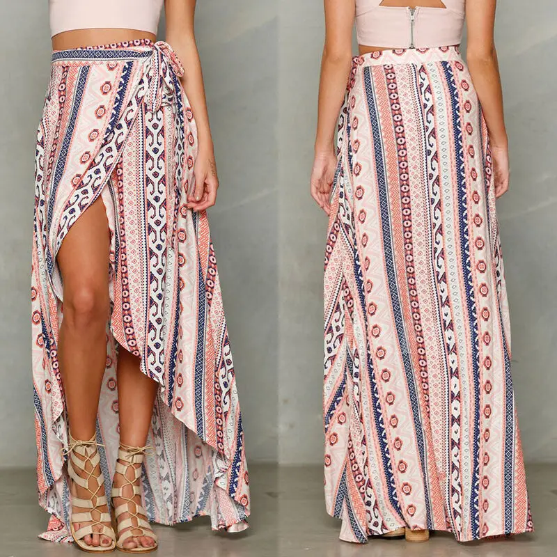 Moxeay, свободная пляжная бандажная юбка в богемном стиле, шифоновая юбка с разрезом спереди, длинная юбка с завышенной талией, с цветочным принтом, купальник макси