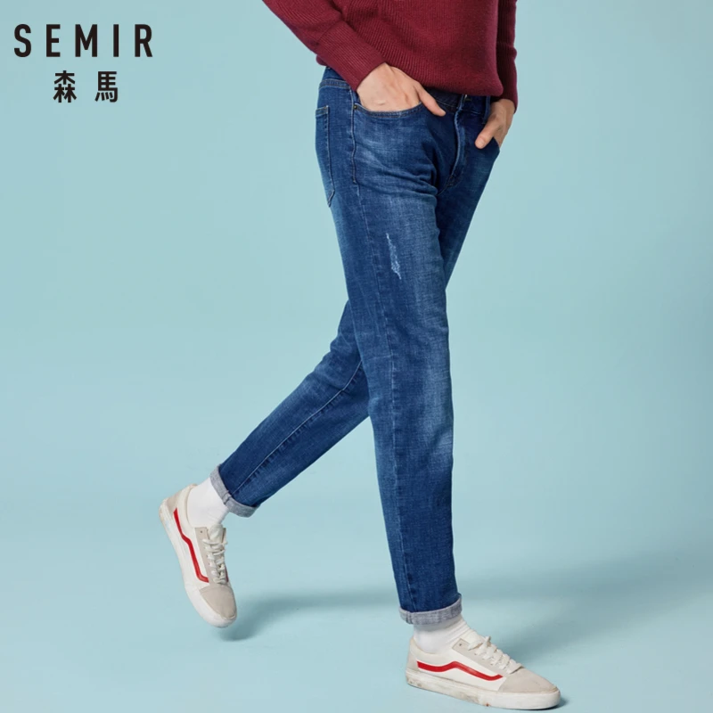 Great Value SEMIR Men Retro Slim Fit Cotton Jeans with Destruction Men's Classic Jeans Washed Denim with Zip Fly with Button Streetwear