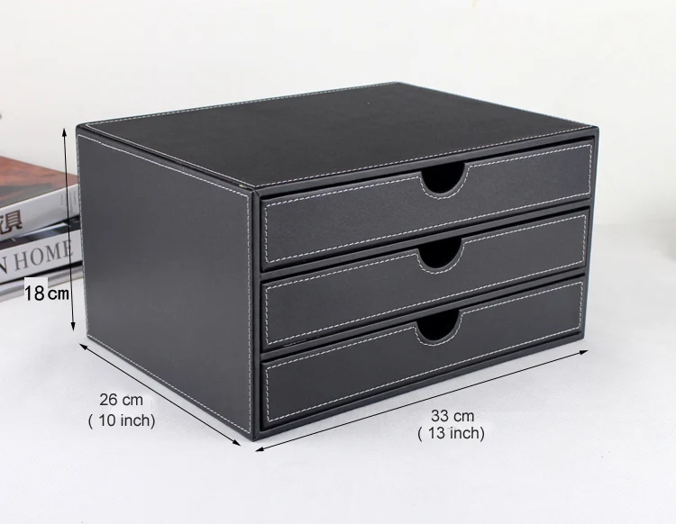 horizontal 3-layer 3-drawer wood struction leather desk filing cabinet storage box office organizer document container black217A