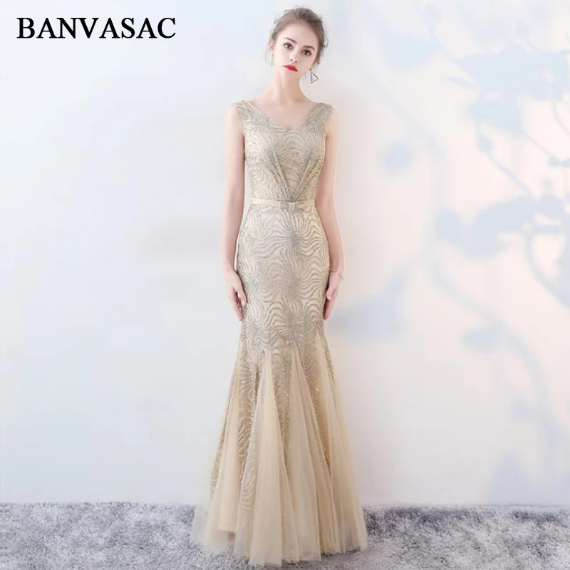 

BANVASAC Sequined V Neck Lace Mermaid Long Evening Dresses Elegant 2018 Party Bow Sash Backless Tulle Prom Gowns