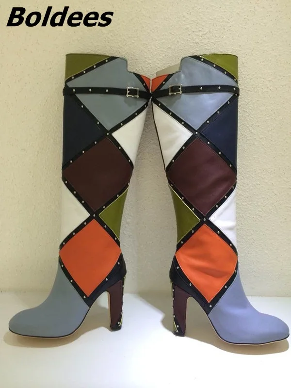 Ferse Chunky Heels Dekoration Motorradstiefel Design Nieten Farbe Kniehohe Trendy Stiefel Classy Block Abgestimmt Schnalle Frauen xOSCqng