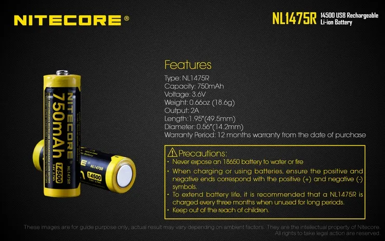 NITECORE NL1475R 750mAh14500 высокопроизводительная литий-ионная аккумуляторная батарея Micro-USB 3,6 V 2.7Wh верхняя защищенная батарея с кнопкой