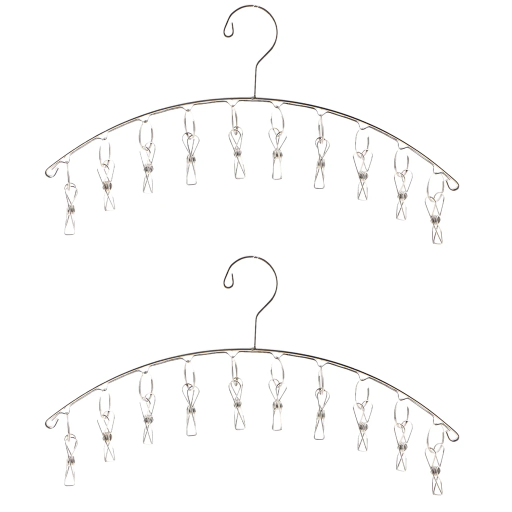 2PCS Stainless Steel Drying Hanger Rack 8/10 Pegs Clip Laundry Clothesline Dryer for Socks Underwear Towel Scarves (Arc Design)
