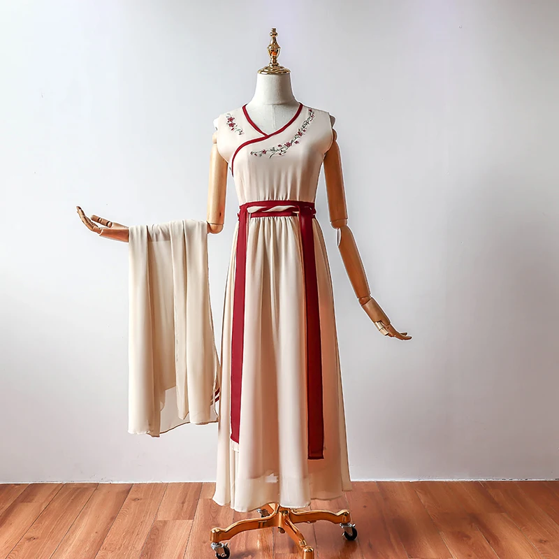 Hanfu платье старинный элемент комплект из двух частей женское Ретро Вышивка шифоновое платье без рукавов и шаль платье подружки невесты