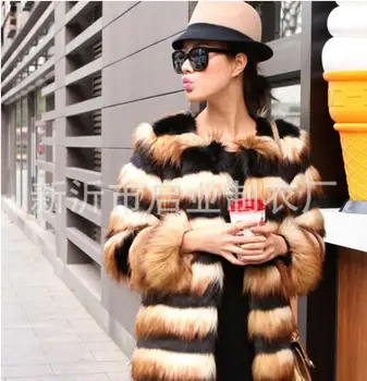 

2017 Fashion Europe and the United States fight color hit color stripes imitation fur coat S-4XL