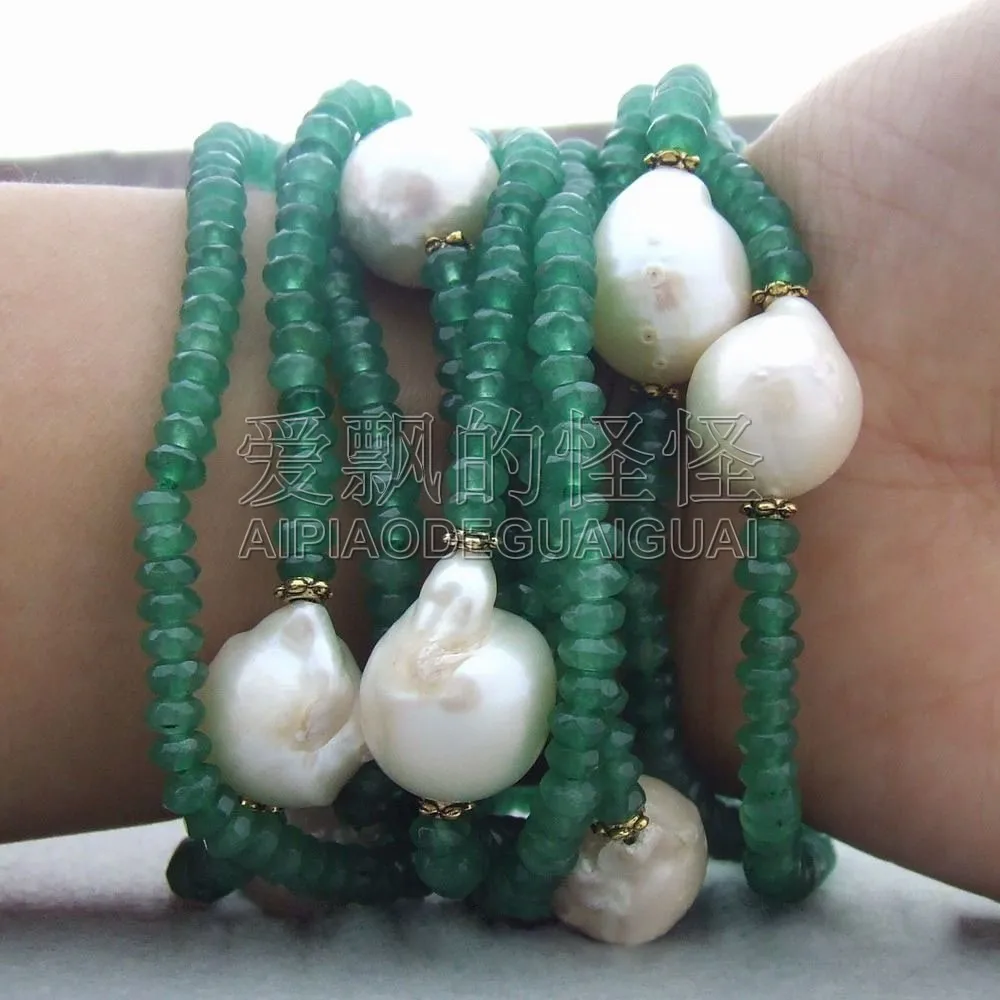 

Women's 10 Strands White Reborn Keshi Pearl Green Faceted Bracelet