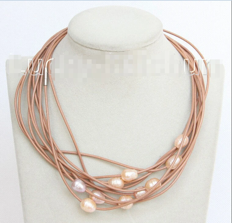

FREE shipping>>>>>>wholesale 10 piece 11mm pink freshwater pearls khaki leather necklace j10694 new