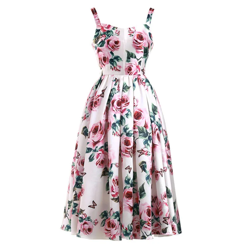 

2019 new fashion rose flower print pleated slim fresh temperament straps fluffy dress casual holiday woman dress