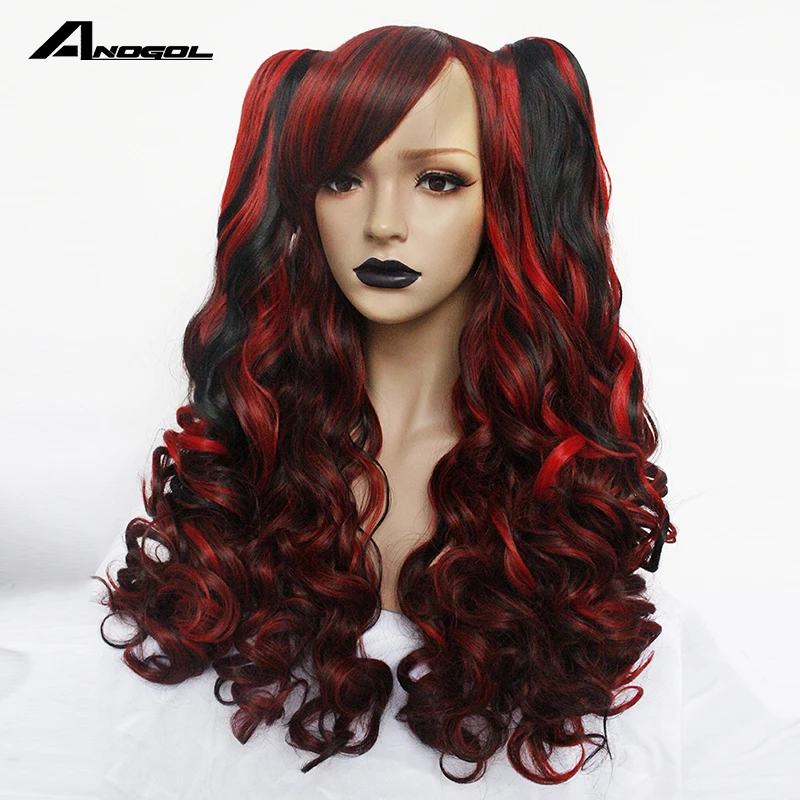 ANOGOL Long Body Wave Lolita high temperature fiber Side fringe Wine Red Black Synthetic Cosplay Wigs with 2 Ponytails for women