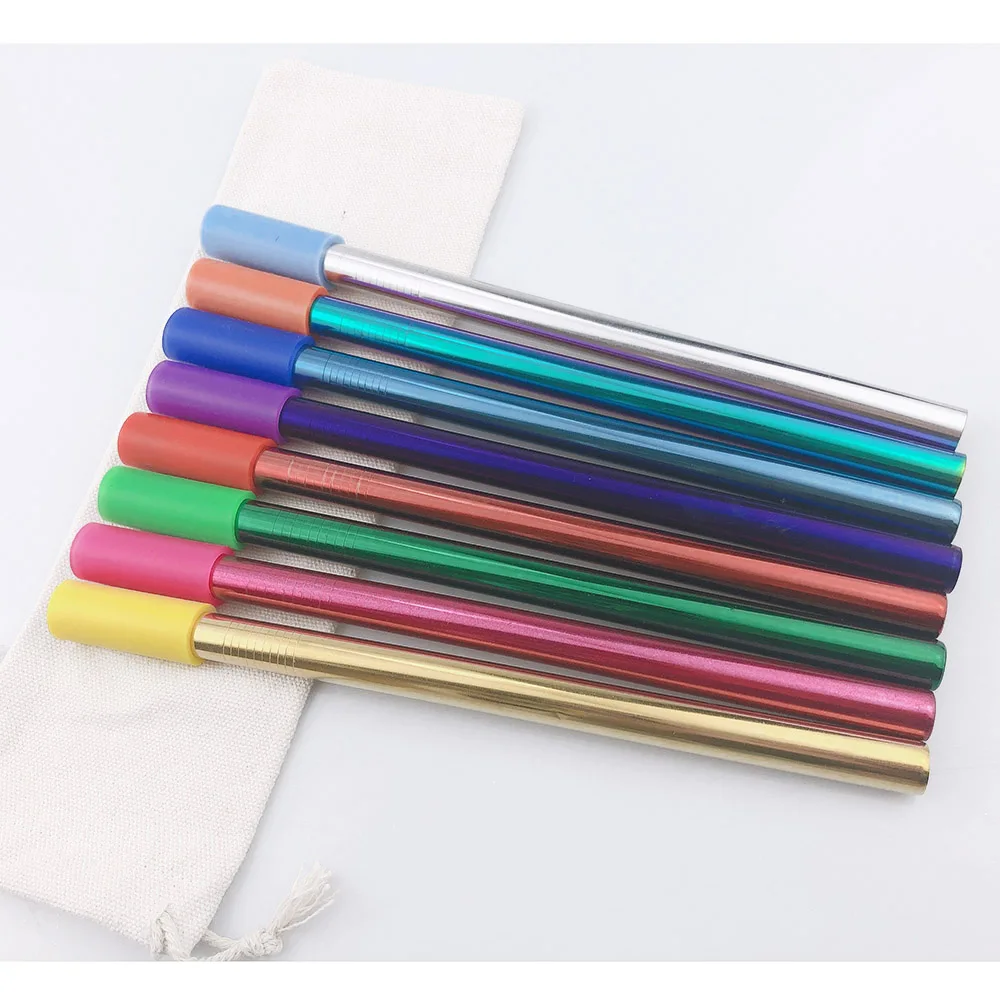 5pcs Reusable 304 Stainless Steel Rainbow Straw Metal Smoothies Drinking Straight Straws Silicone Cover with Brush Bag Wholesale