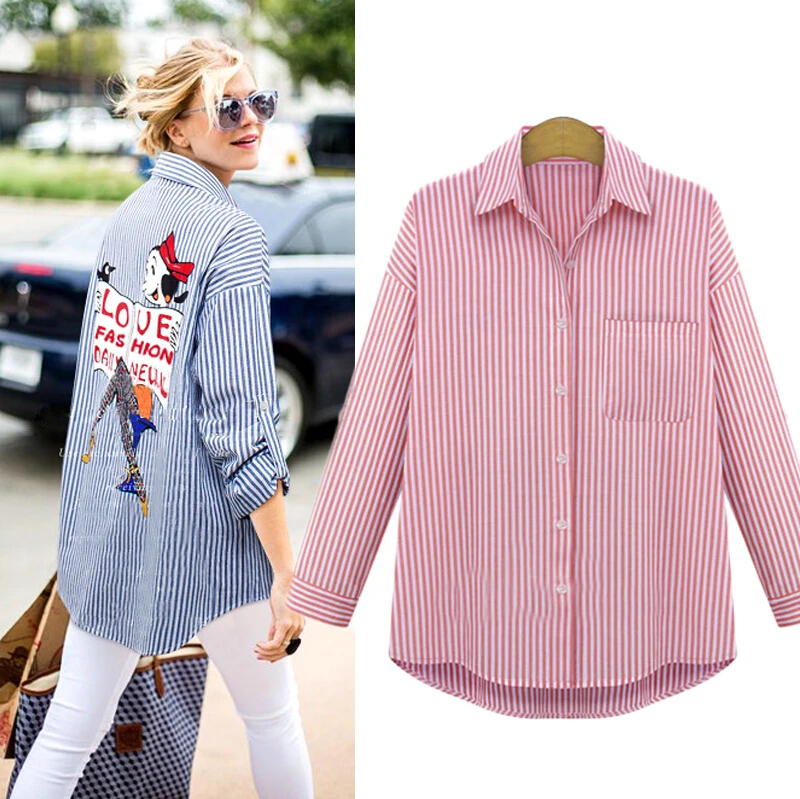 New 2015 Spring Summer Casual Button Down Lapel Neck Shirts Women Cartoon Pattern Striped Long Sleeve