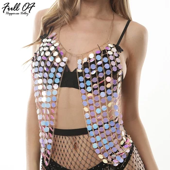 

Sexy Bling Metal Chest Chain Summer crop top Women Sparkling Sequins Halter tank tops cropped shirt Luxury Nightclub Party Vest