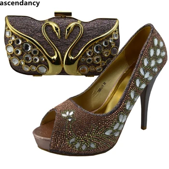 

New Arrival Women Italian African Party Pumps Shoes and Bag Nigerian Women Wedding Shoes and Bag Set Decorated with Rhinestone