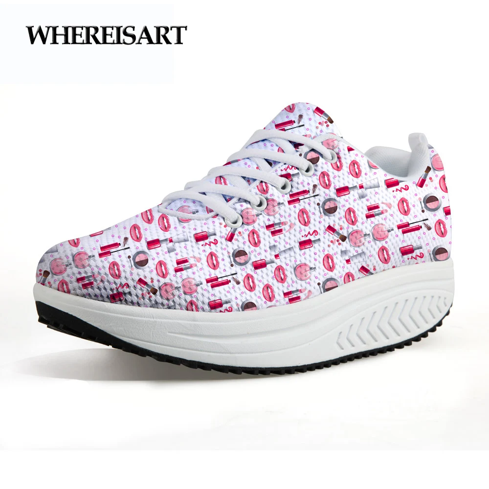 

WHEREISART Spring Women Swing Shoes Casual Breathable Lipstick Printing Female Sneakers Platform Moccasins Ladies Walking Flats