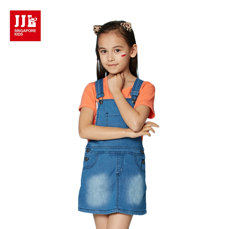 

JJL KIDS Summer Fashion Casual Sport Children's Girls Denim Strap Dress 2018 Blue Cotton Pocket Cartoon Print Kids for 7-15years