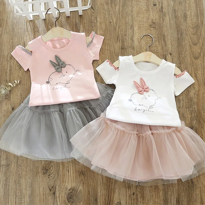 

DFXD 2018 Toddler Girls Summer Clothing Set Short Sleeve Off Shoulder Cartoon Bunny Shirt+Net Yarn Skirt Princess Outfits 2-7Y