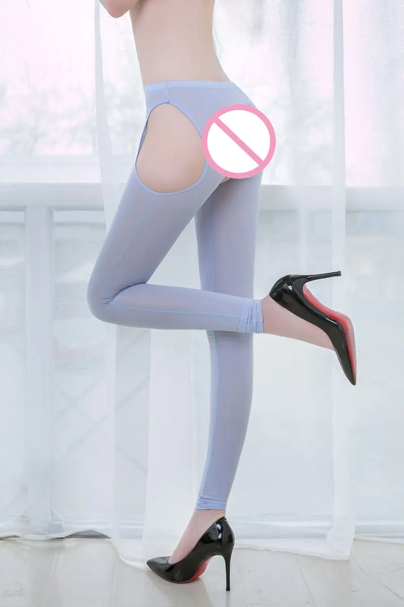 Sexy Women Candy Color Ice Silk Hollow Open Crotch Transparent Leggings See Through Pencil Pants Erotic Lingerie F16
