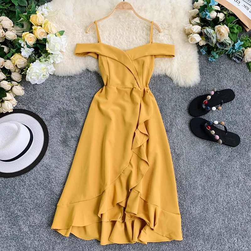 Neploe Solid Chic Women Dress Summer New V-Neck Sleeveless Camis Vestidos Irregular Ruffles Slim Waist Ladies Dresses 44498