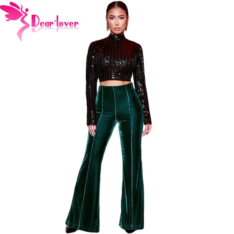 

Dear Lover New Fashion Flare Trousers Retro Vintage Velvet Pants Green Women Wide Leg Slim Pants High Waist Long Casual LC77152