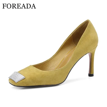 

FOREADA Sexy High Heels Kid Suede Shoes Women Pumps Real Leather Shoes Spring 2018 Crystal Slip On Shoes Square Toe Yellow Pumps