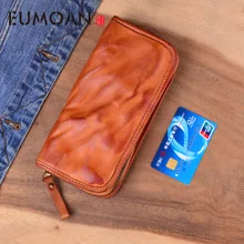 EUMOAN Genuine Leather Long Wallet Clutch Bag Men Zipper Brand Designer Vintage Handmade Vegetable Tanned Cowhide Wallets handmade genuine leather wave wallets carving auspicious clouds bag purses women men long clutch vegetable tanned leather wallet
