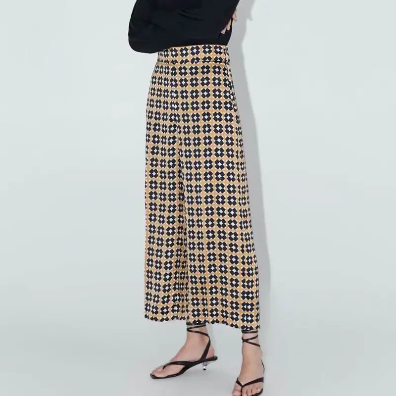 

Women Wide Leg Pants Summer 2019 New Fashion Vintage Geometric Prints Side Zipper Fly Retro Look Loose Bottom