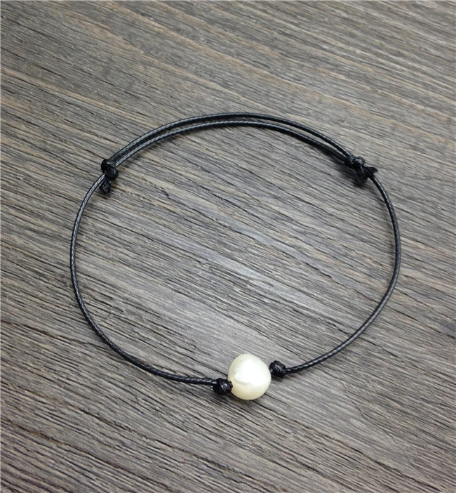 

1pc Real cultured pearl bracelets bangles single natural freshwater pearl hand chain knotted cord black leather bracelet free