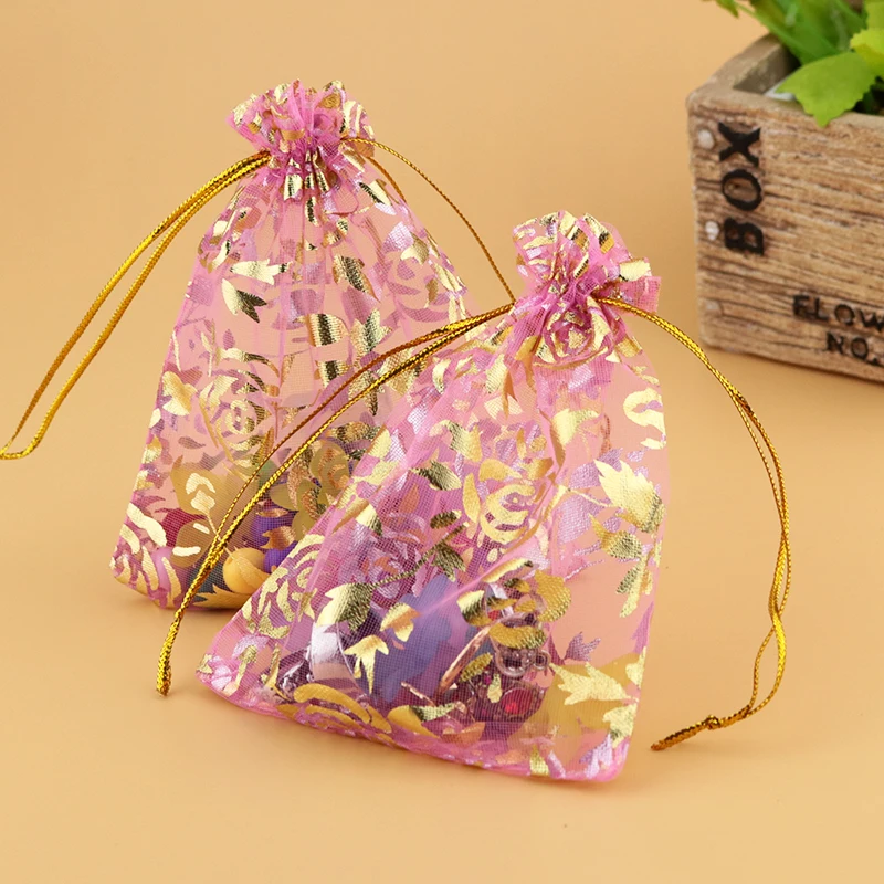 13x18cm (7.08&quotx5.11&quot)100pcs Pink Rose Christmas Bags Wedding Drawable Organza Voile Gift Packaging Cheap Pouches | Украшения и