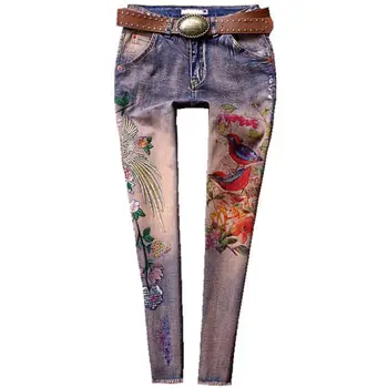 

2020 summer new fashion jeans women heavy embroidered skinny printing bronzing painted feet pencil jeans
