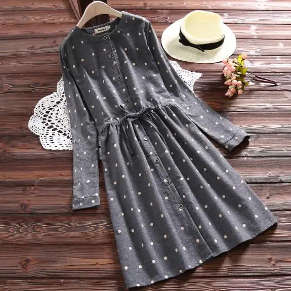 Женское платье в горошек с круглым вырезом и длинным рукавом|loose dress|women dressdress rounds |