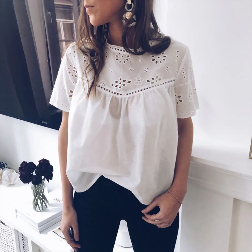 

Fashion Women's Blouse Casual Solid O-Neck Floral Hollow Out Short Sleeve Tops Summer blouse women blusas mujer de moda 2019