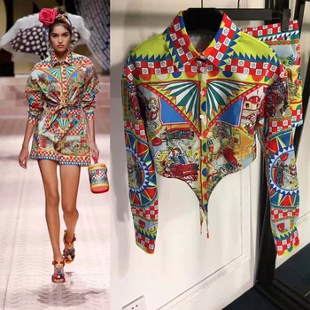 

Fashion two piece set 2019 spring summer the new women's clothing sets classical printing blouses and shores ensemble femme