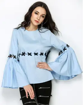 

2018 Fashion Gathered Puff Sleeve Blouse Tops Women Summer Elegant Long Sleeve O Neck Fashion Casual OL Blouse SP-33