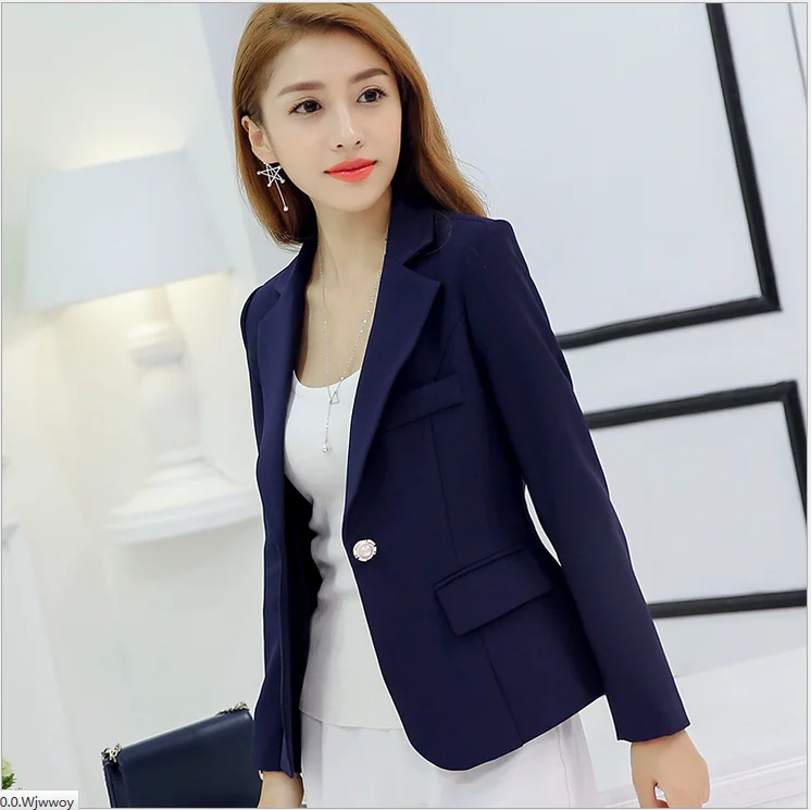 Осень, Женский блейзер с длинным рукавом, на одной пуговице, женский пиджак для офиса, OL, высокое качество, модный тонкий короткий женский костюм Q1287 - Цвет: NAVY