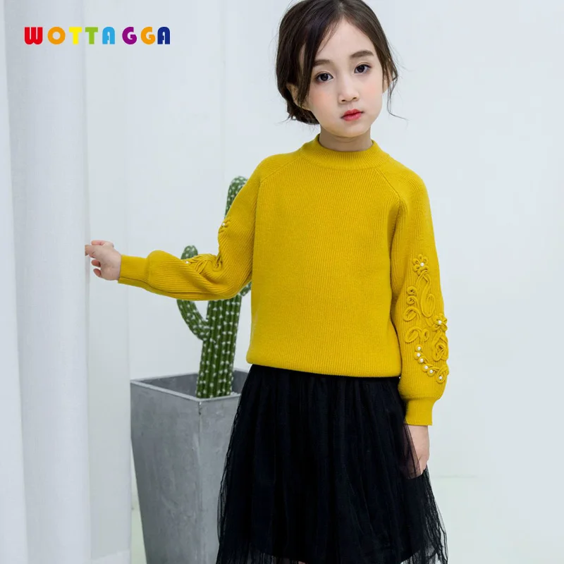 

WOTTAGGA 2018 Autumn Girl Sweater O-neck Long Sleeve Applique Pearls Kids Clothing 3-7Y Fashion New Knitted Sweater